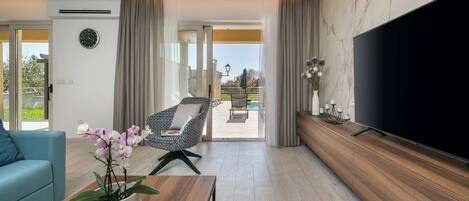 Televisio, takka, DVD-soitin, stereot