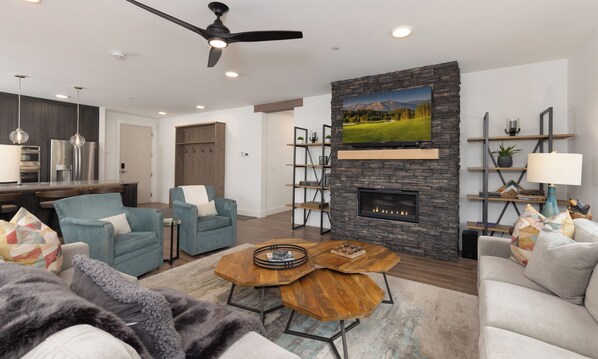Smart TV, fireplace, video games, DVD player