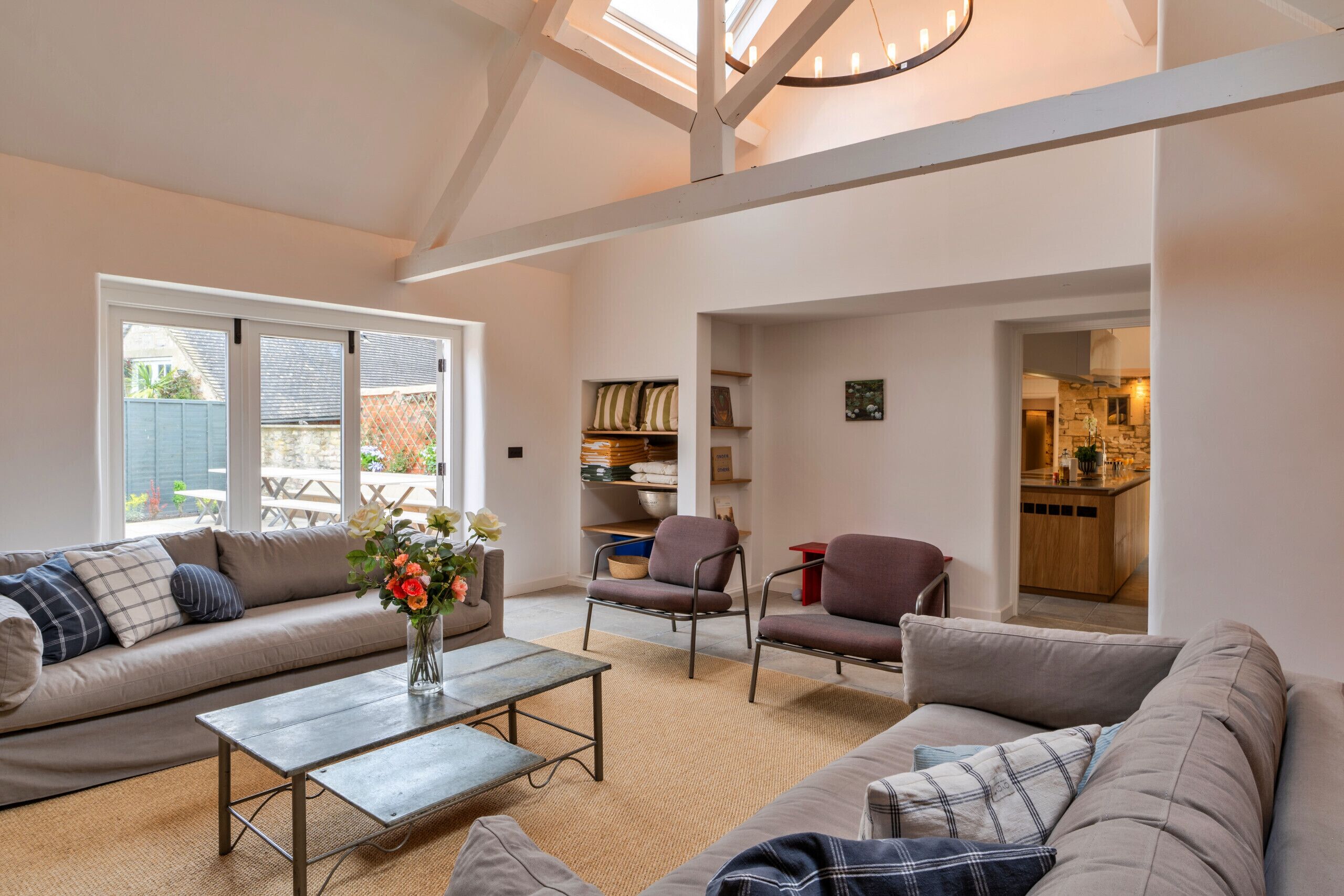 Smart TV, fireplace, table football, books