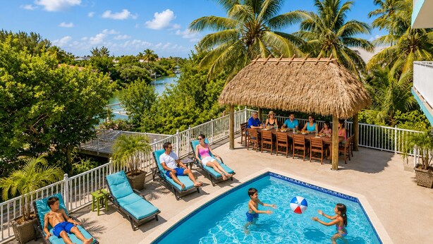 A pool area with lounge chairs, a dining table, and a thatched-roof structure. - Beach House, Waterfront, Sombrero Beach, Florida Keys Rental, Private Pool, Dock (Marathon)