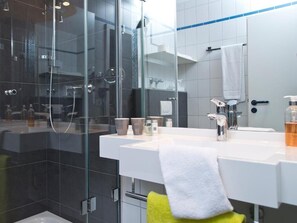 Shower, eco-friendly toiletries, hair dryer, towels