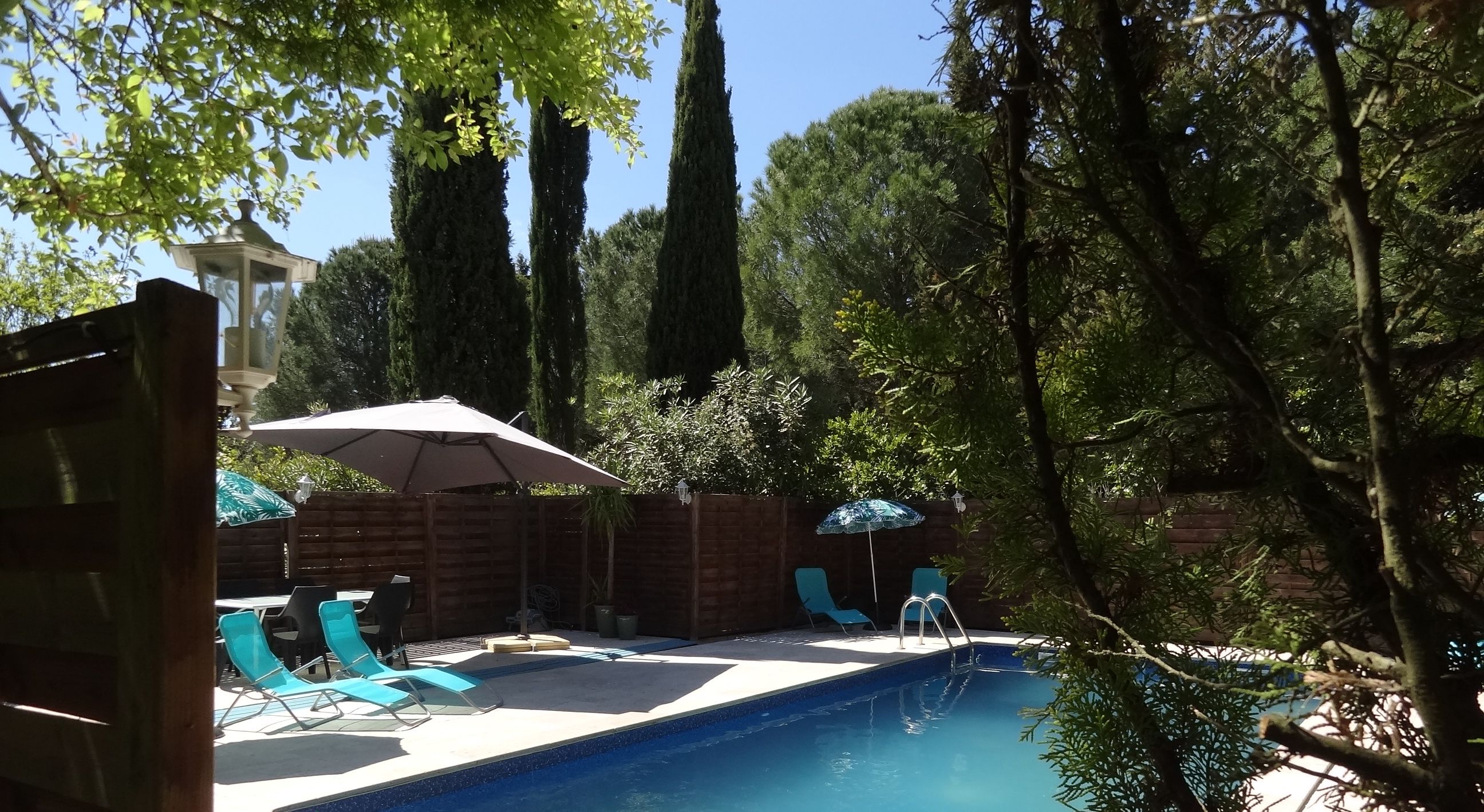 Una piscina con sillas de descanso y sombrillas, rodeada de árboles altos y una valla de madera.