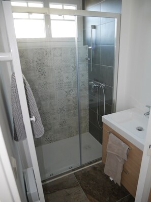 Shower, hair dryer, toilet paper