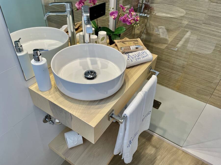 A modern bathroom with two large sinks, a mirror, and a towel rack.