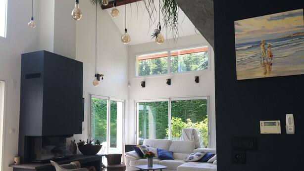 A spacious living area with a fireplace, seating, and large windows offering a view of greenery. - Architect's villa Lyon Collonges au mont d'or: Swimming pool, Nature, Bocuse, (Collonges-au-Mont-d'Or)