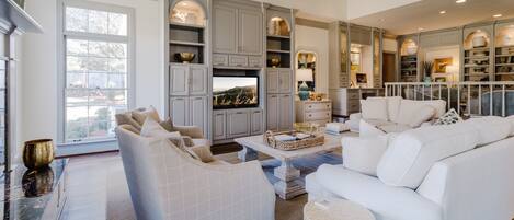 Smart TV, fireplace, video games, DVD player