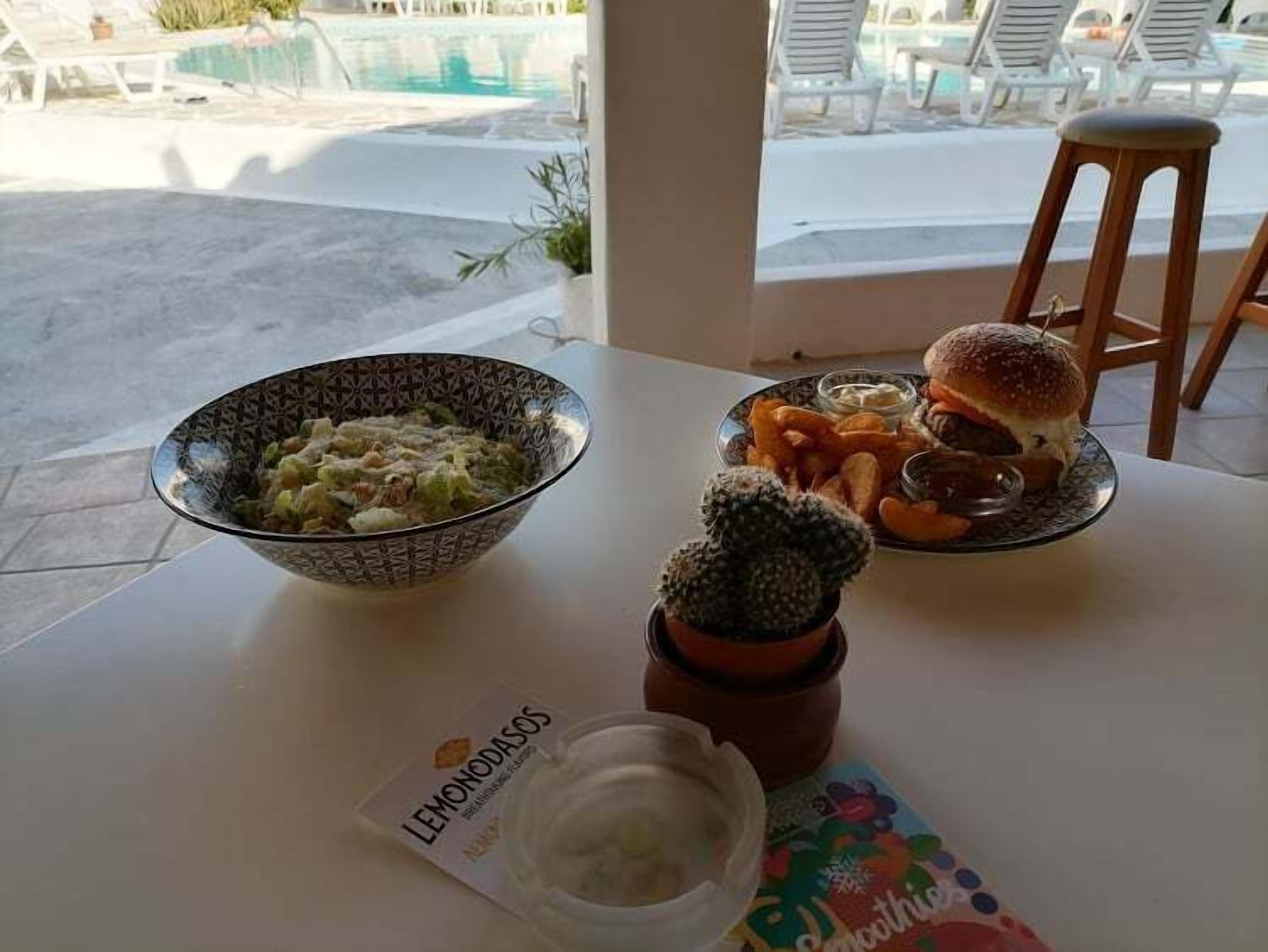 A table with a salad bowl, a plate with a burger and fries, a cactus, and a menu.