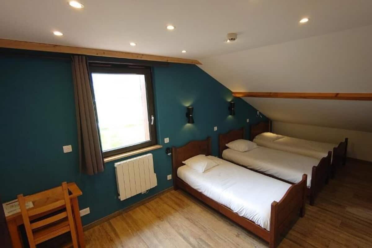 A dormitory room with three beds, a window, and a radiator.