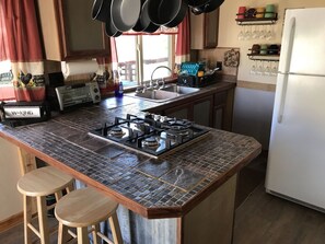 Fridge, microwave, stovetop, coffee/tea maker