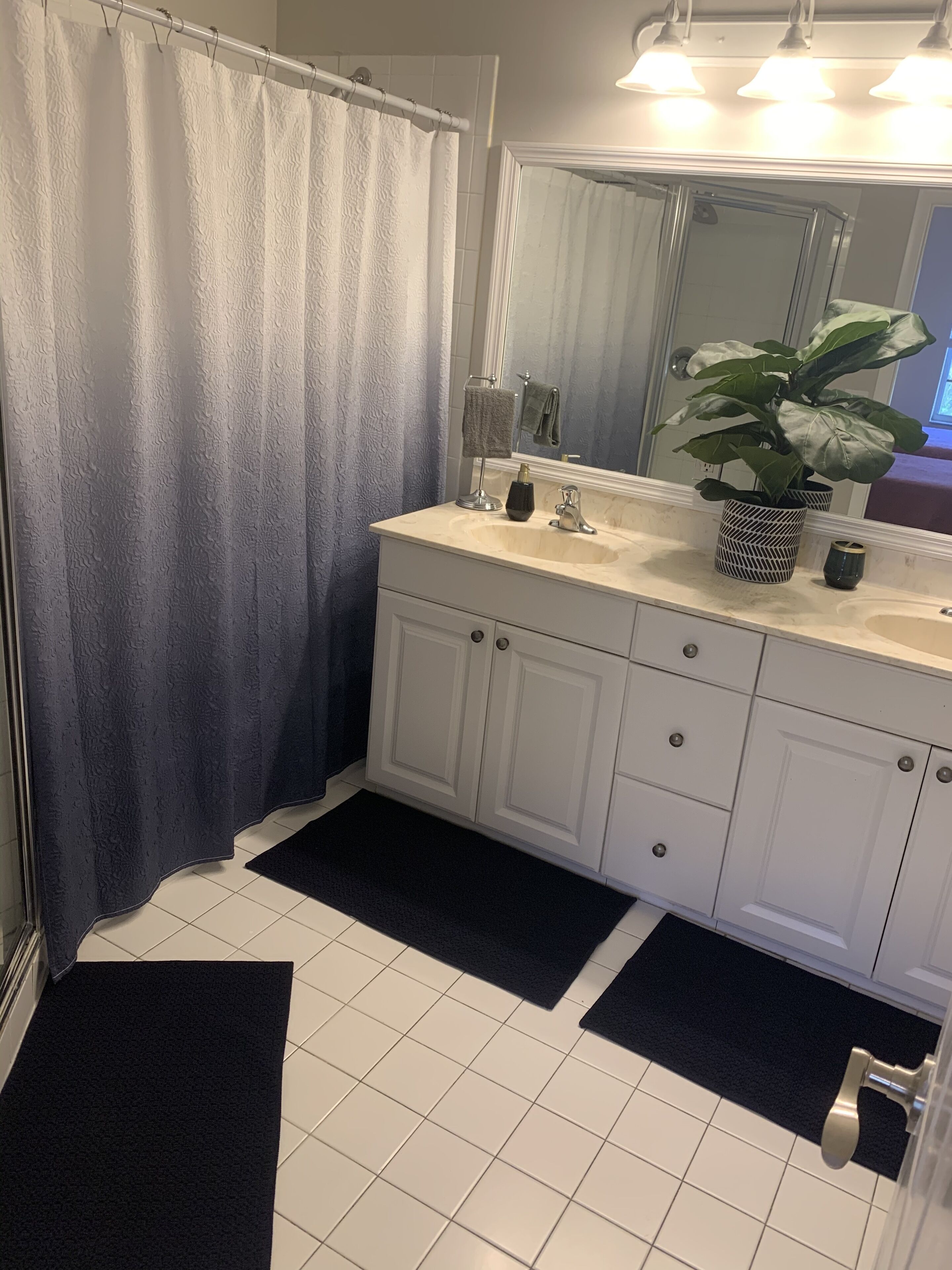 A bathroom with a white sink, a mirror, a towel rack, a potted plant, and a shower curtain.