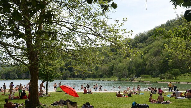 A park with people relaxing on grass near a lake, some under trees, and others by the water.