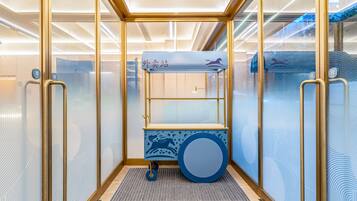 Un ascensor moderno con cabina de vidrio, piso de diseño azul y blanco, y un pequeño estante con una ilustración de un caballo.