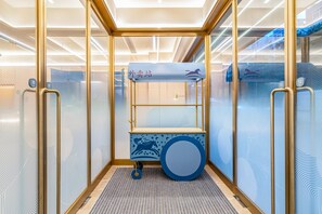 A modern elevator with a glass enclosure, a blue and white patterned floor, and a small shelf with a horse illustration. - Hanting Hotel (Xi'an)