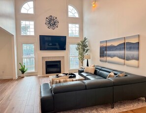 Smart TV, fireplace, foosball