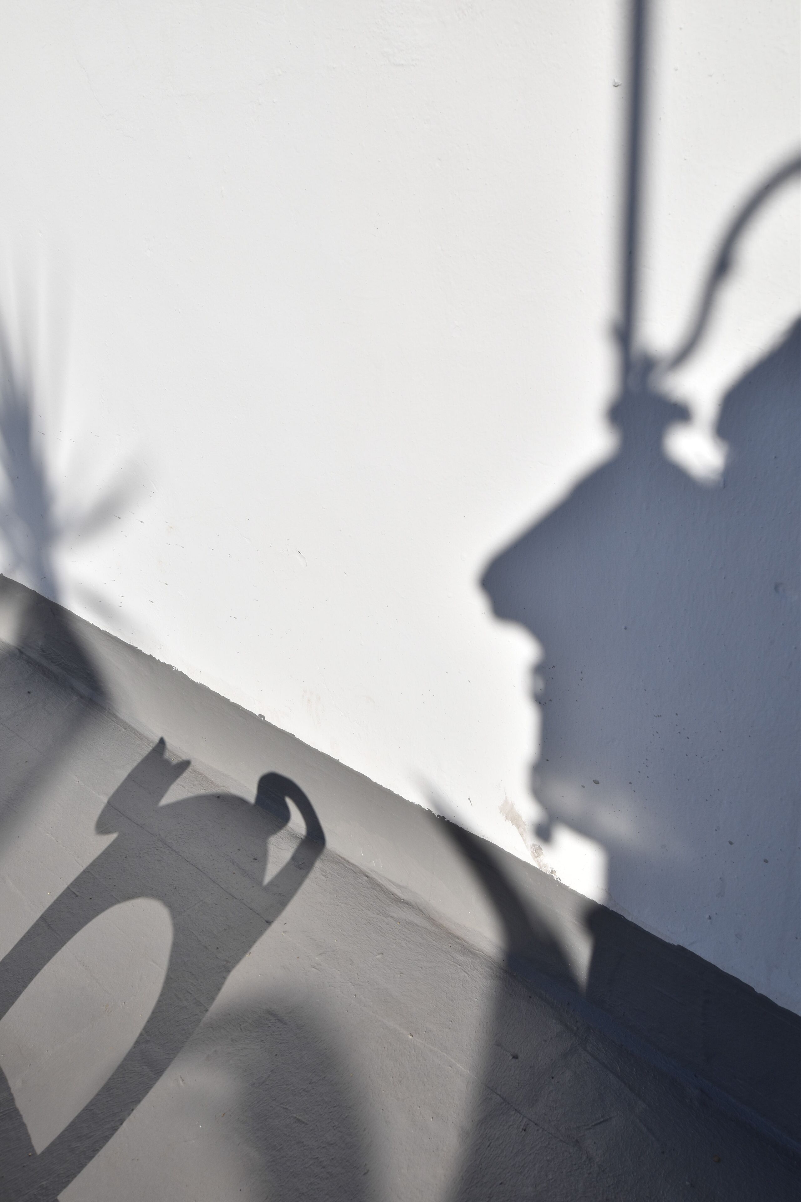 A shadow of a person on a white wall.