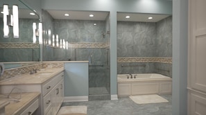 Combined shower/bathtub, jetted bath, hair dryer, towels - Luxury Retreat on Little Mo River, Fish From Private Docks, Kayaking, Serenity  (Murfreesboro)