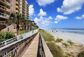 On the beach, sun-loungers, beach towels