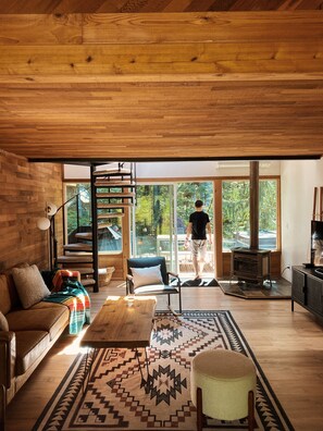 Smart TV, caminetto, libri