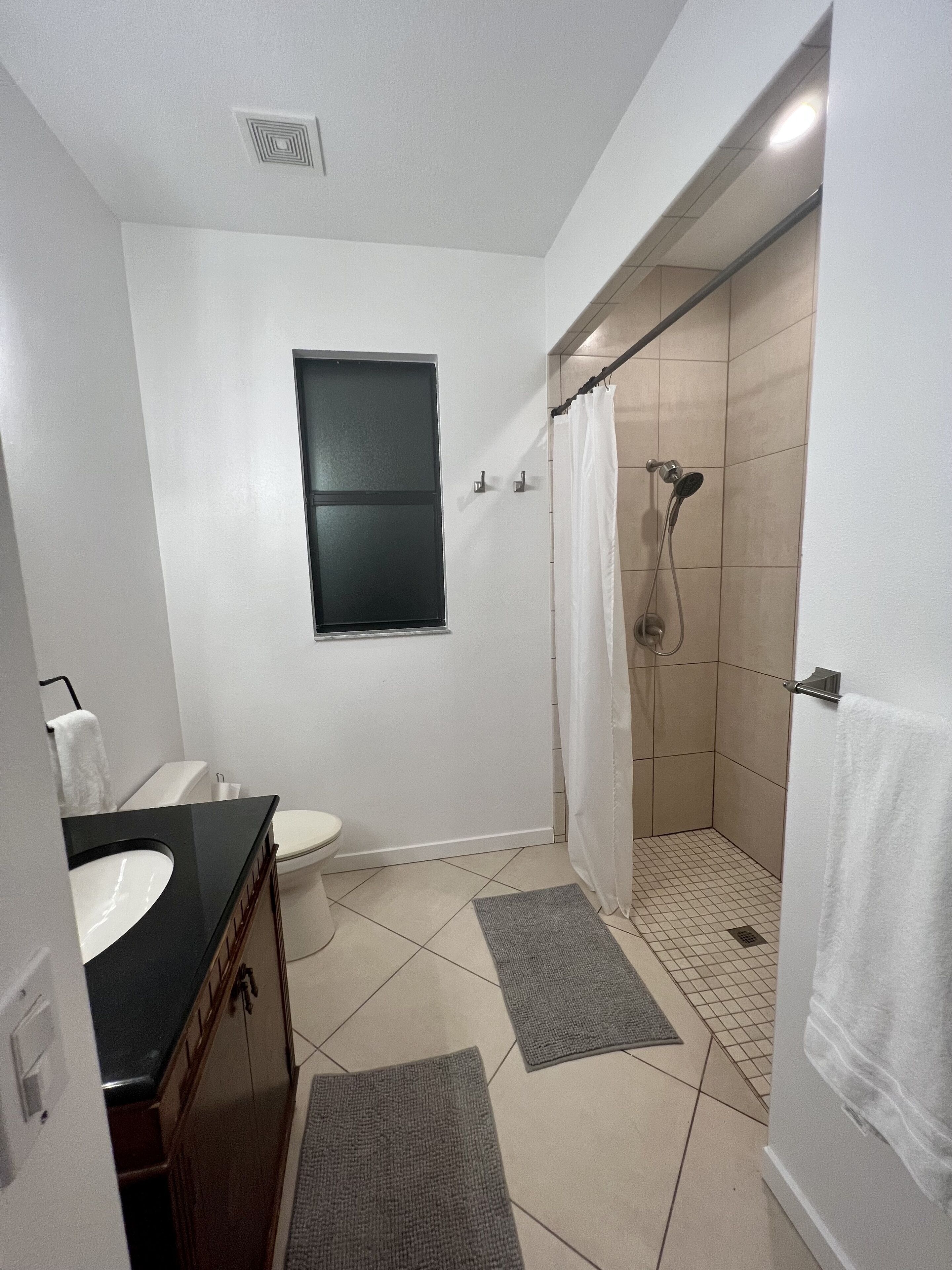 Un baño con inodoro, lavamanos y ducha.