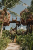 Un sendero que conduce a una escalera de madera con una estructura de techo de paja.