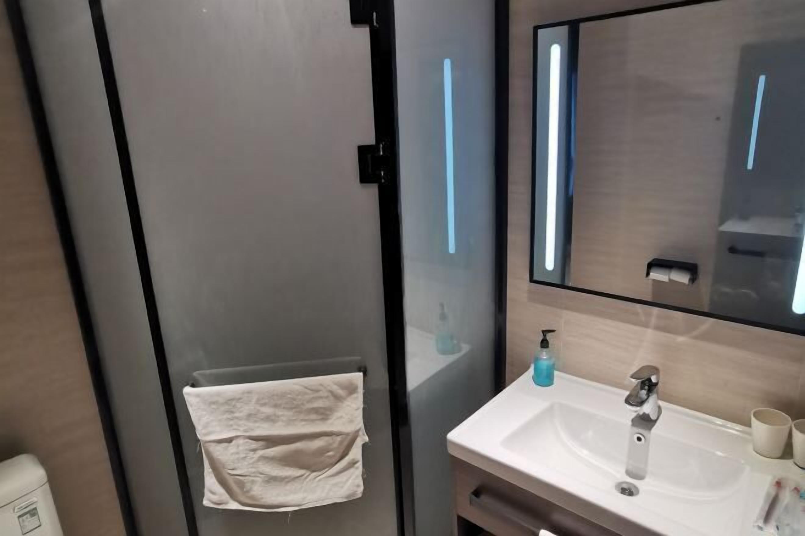 A modern bathroom with a glass shower enclosure, a white sink, and a large mirror.