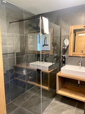 Shower, hair dryer, towels