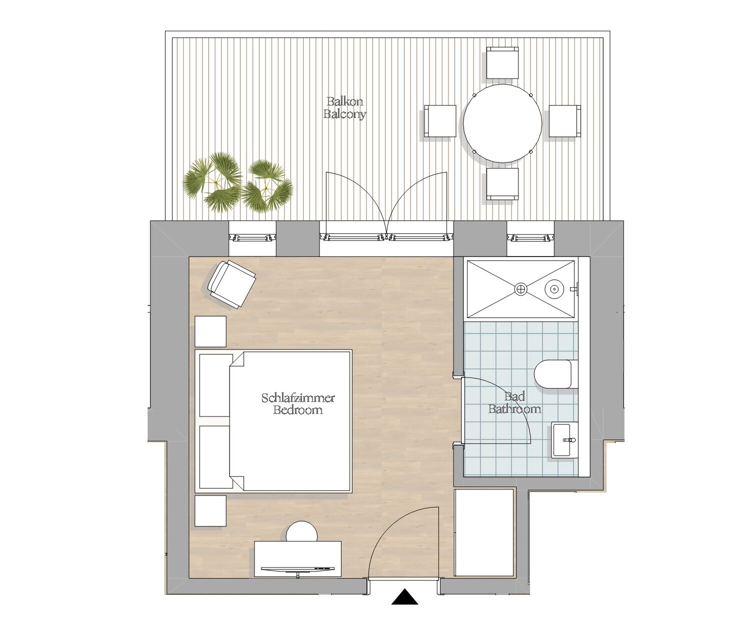 A floor plan of a hotel room with a balcony, a bedroom, a bathroom, and a dining area.