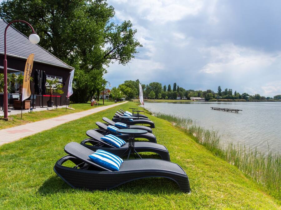 Outdoor lounge chairs with blue cushions by a lake, a path, and a building with flags.