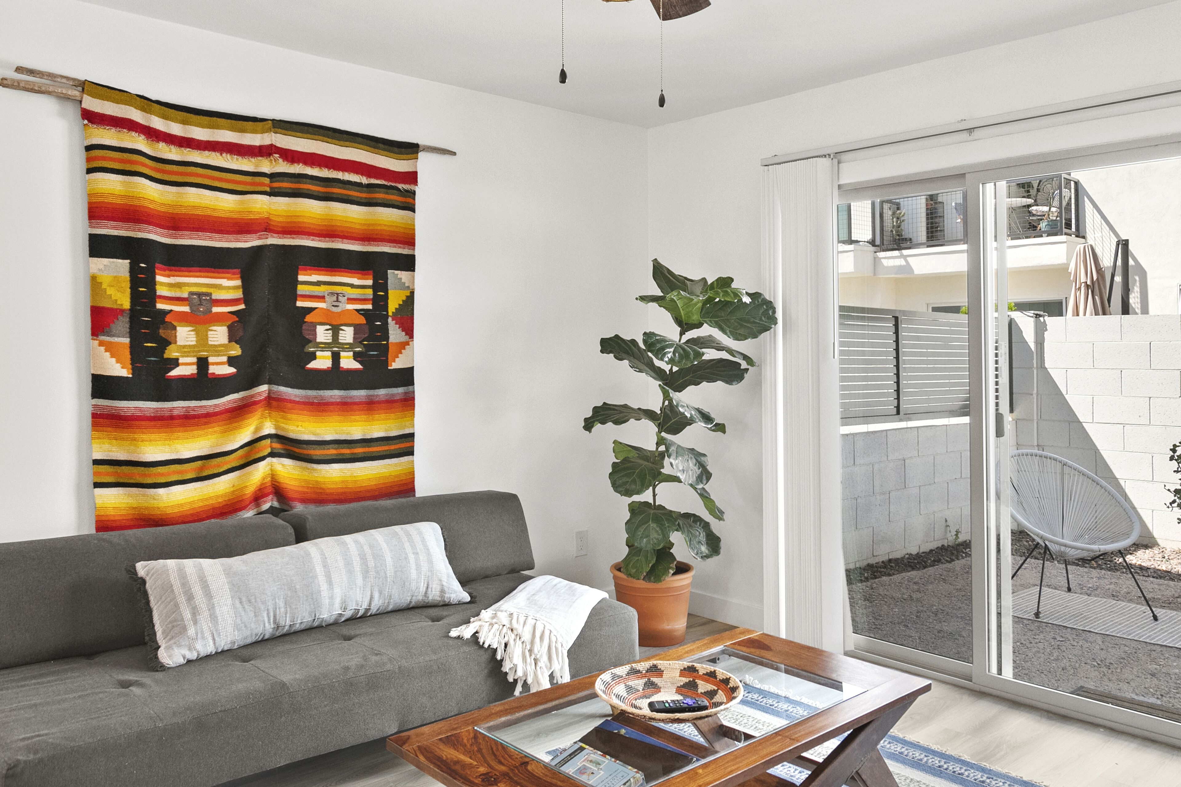 A modern living room with a grey sofa, a large plant, and a sliding glass door leading to an outdoor patio.