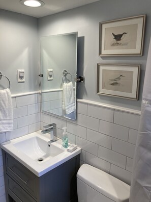 Combined shower/bathtub, hair dryer, towels, soap