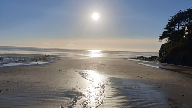 A beach with a clear sky and the sun shining.