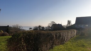 A rural landscape with a hedge, a grassy field, and a distant view of the sea.