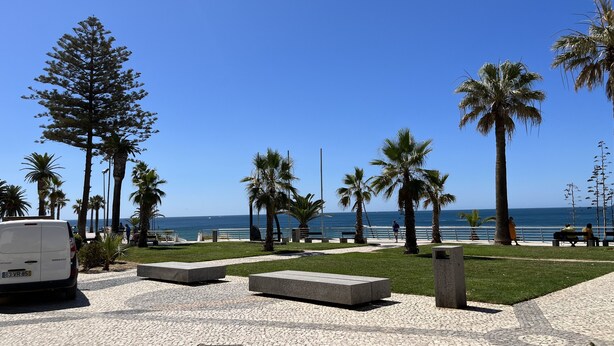 A paved area with benches, palm trees, and a white van. - Holiday house with big roof terrace pool and sea view (Porches,Lagoa)