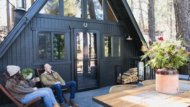 A cozy cabin with a large wooden table and chairs, a potted plant, and a stack of firewood.