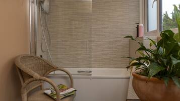 Hair dryer, towels, soap, shampoo