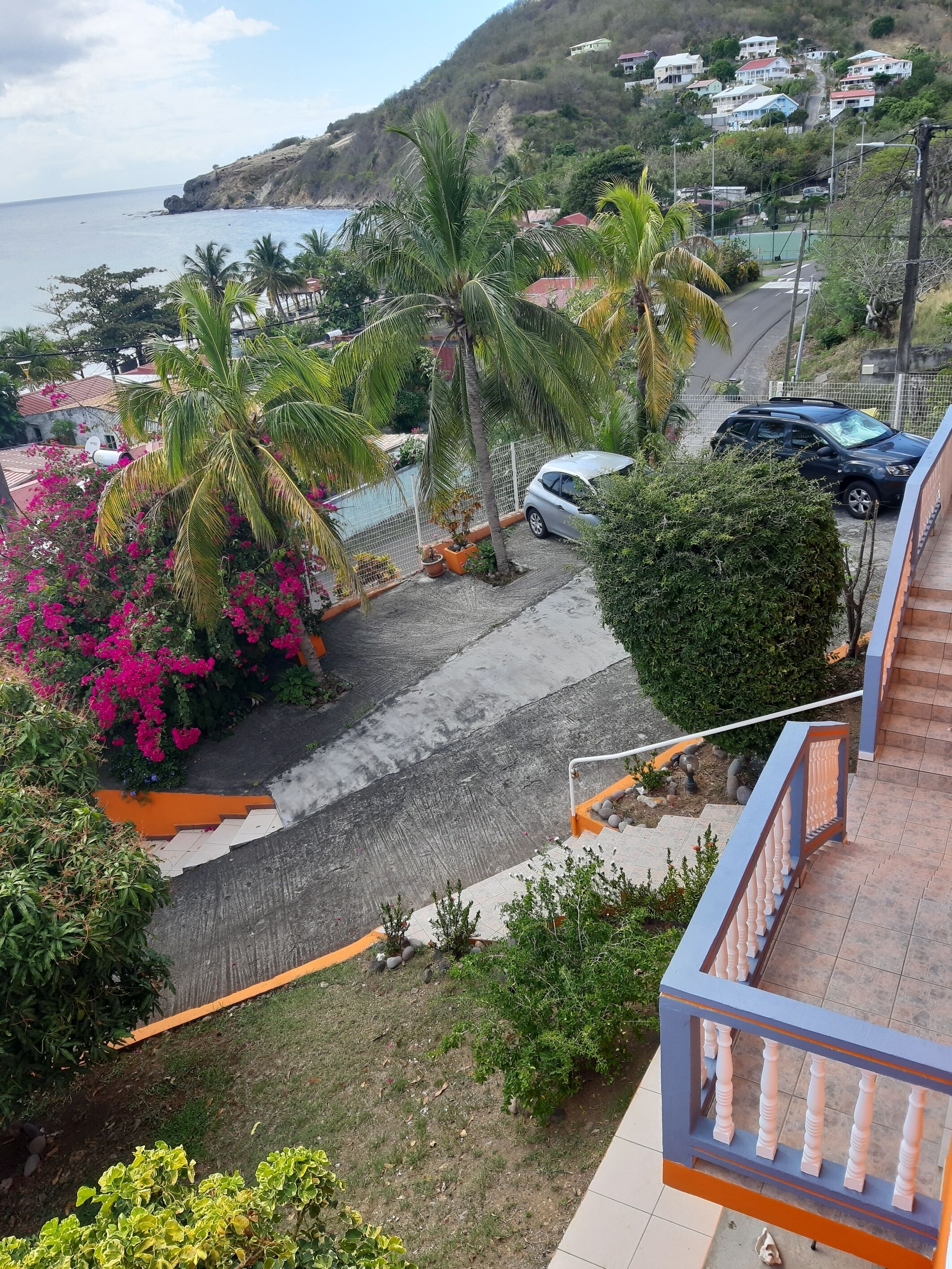 A residential area with a view of the sea, palm trees, and a parking area.