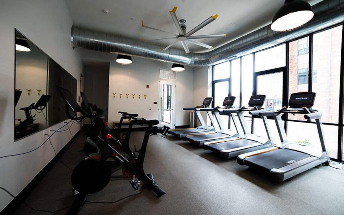 Un gimnasio con cintas de correr, bicicletas estáticas y un ventilador de techo.