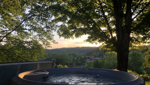 A hot tub surrounded by trees with a view of a residential area in the background.