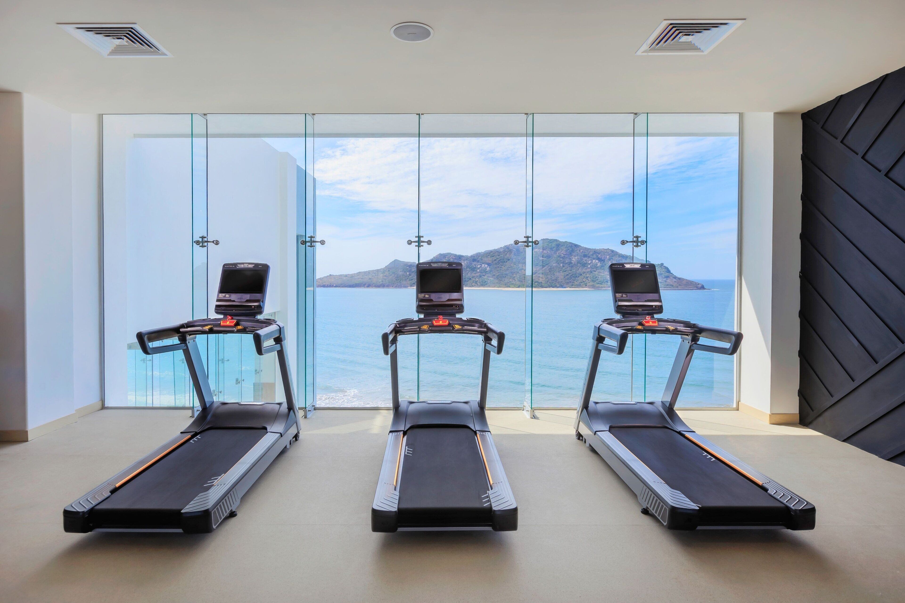 Three treadmills in a room with large glass doors leading to a scenic view of the sea and mountains.