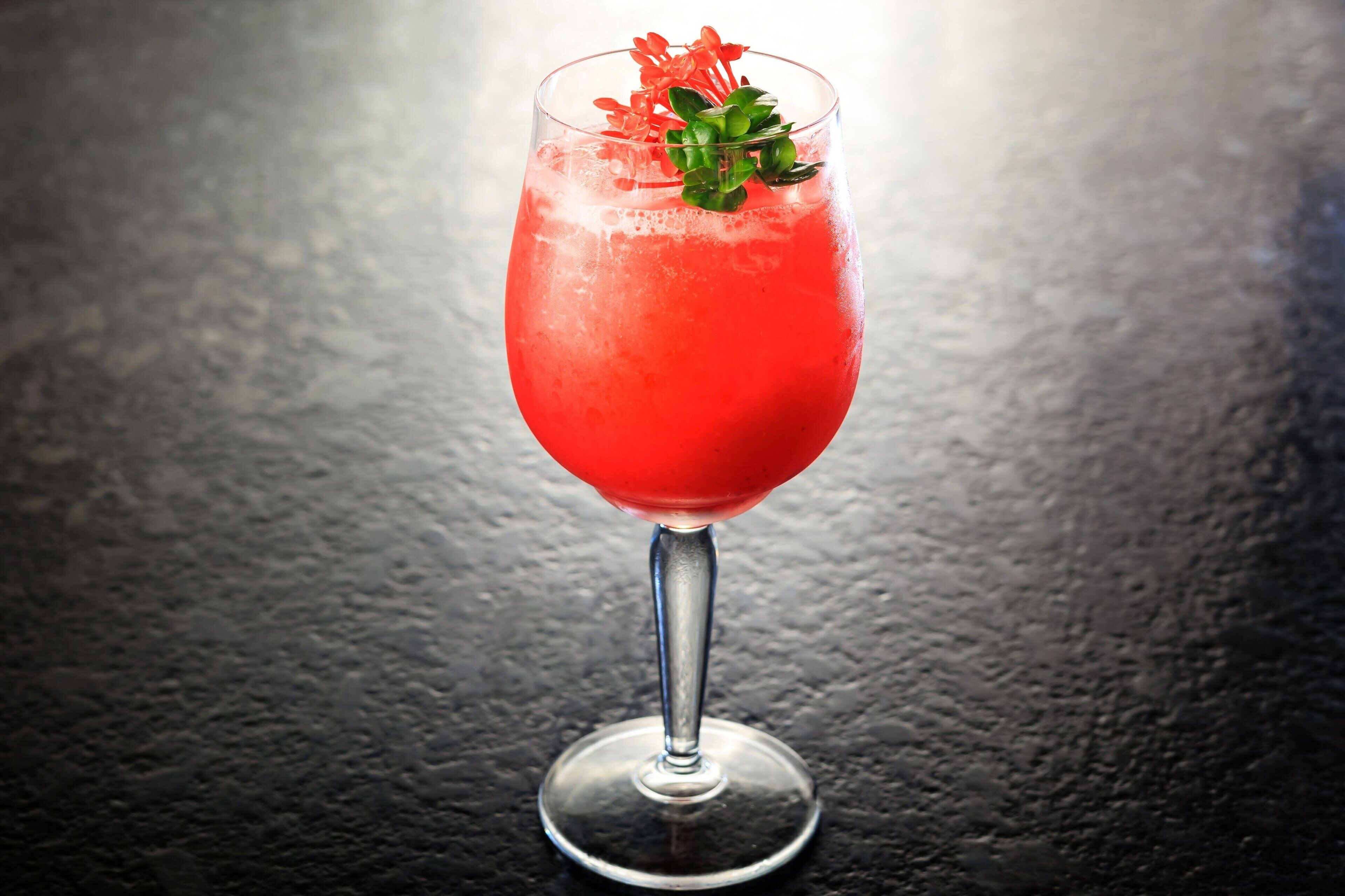 A cocktail glass with a red drink, a green garnish, and a metal stem.