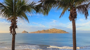 A beach with palm trees and a distant island.