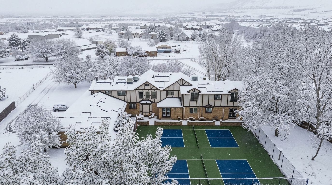 A large house with a tennis court in the front yard, surrounded by snow-covered trees and a rural landscape.