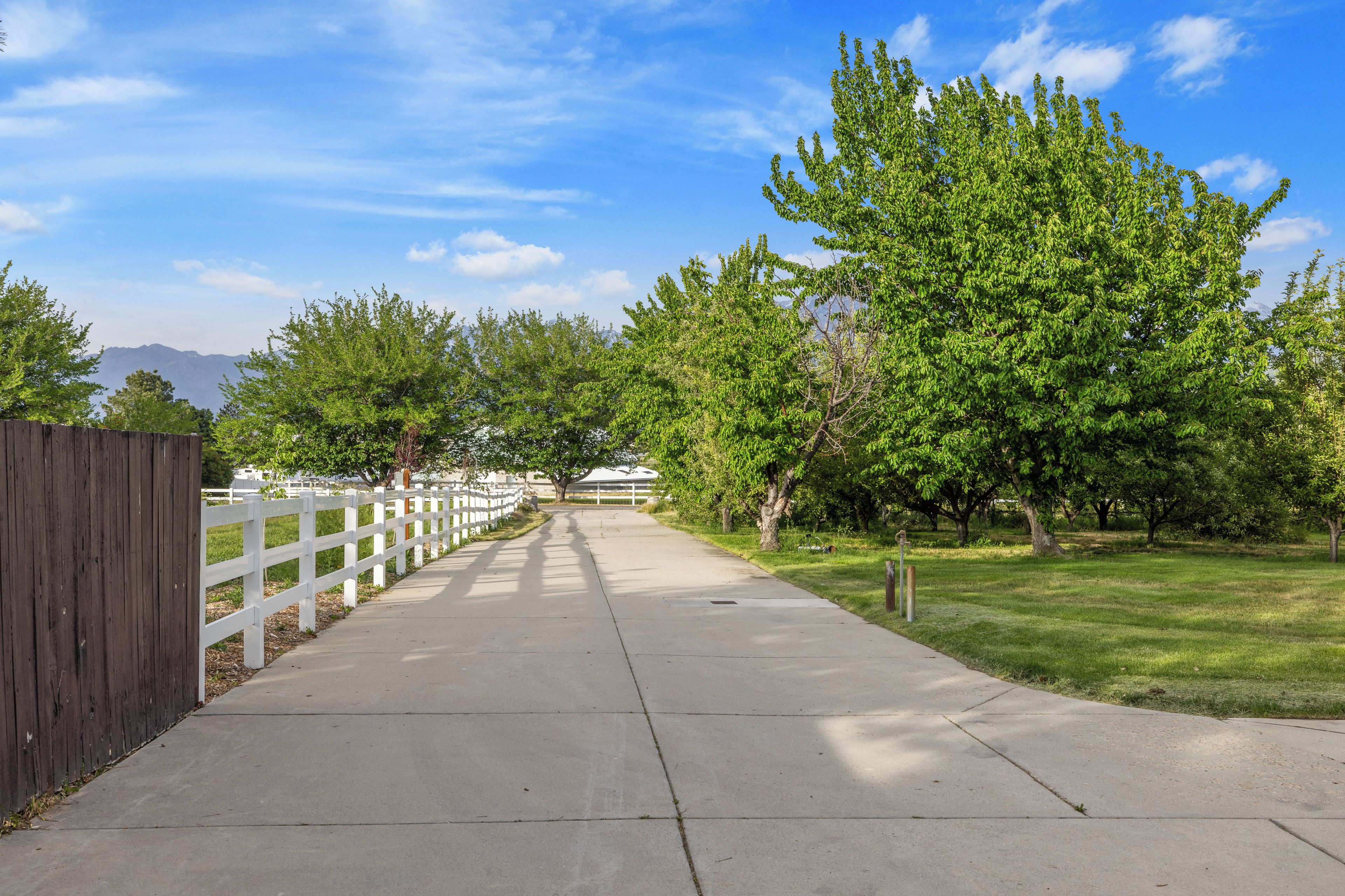 A paved pathway flanked by a white fence and trees, leading towards distant mountains.
