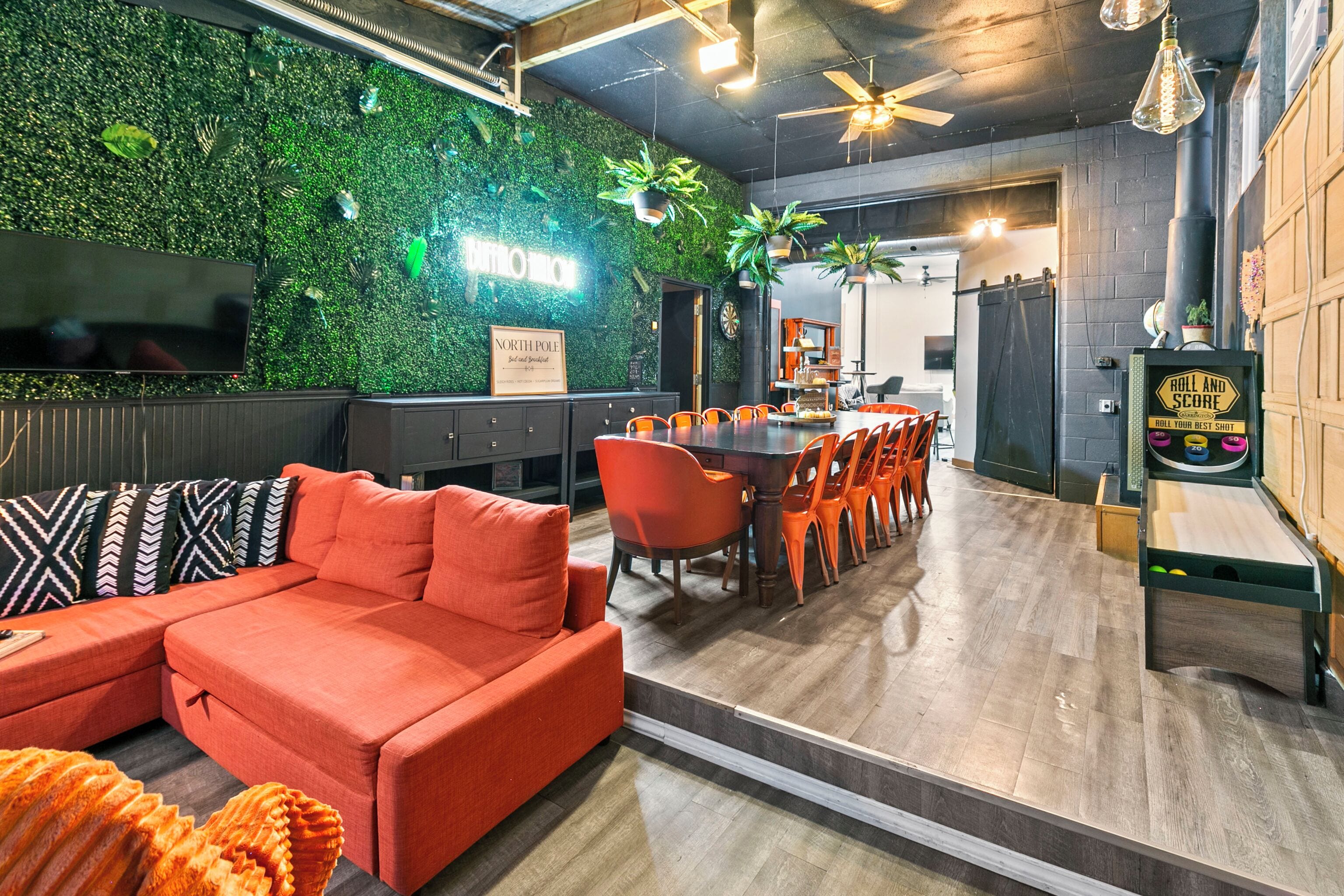 Smart TV, fireplace, video games, foosball