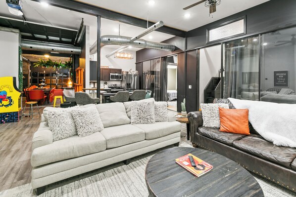 Smart TV, fireplace, video games, table football