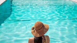 A pool with clear water, lounge chairs, umbrellas, and palm trees. - Azure Sky Hotel - Adults Only - A Town & Desert Boutique Hotel (Palm Springs)