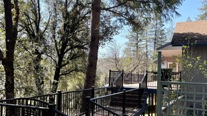 Eine Holzterrasse mit Metallgeländer, umgeben von Bäumen.