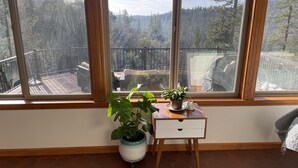 Ein Zimmer mit großen Fenstern, die auf eine Terrasse und einen Wald blicken. Es gibt einen kleinen Holztisch mit einem Blumentopf und eine weiße Schubladeneinheit.