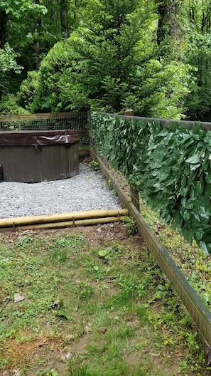 A garden area with a gravel path, a bamboo structure, and a metal fence.