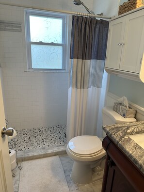 Shower, hair dryer, towels, soap